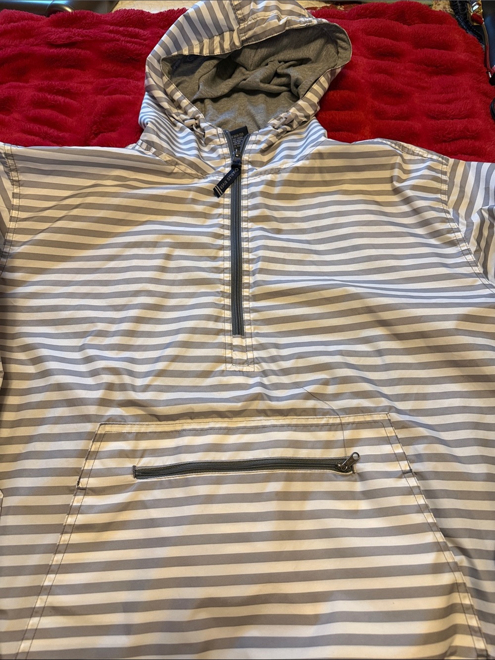 Charles River Apparel Gray and White Striped Hooded Utility Jacket - Picture 3 of 7